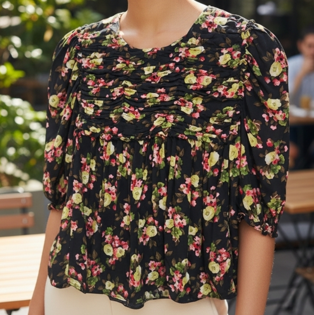 Zara Nwt Navy Floral Design Buttons On Back Puff Sleeves Top Xs